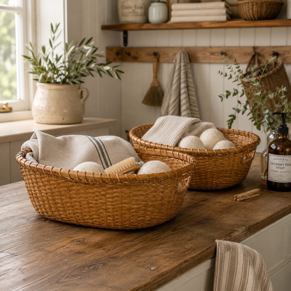 Vintage Wicker Basket Set of 2 Cottage Storage Baskets Boho Organization